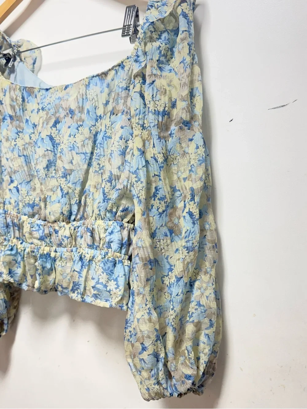 Astr Floral Square-Neck Smocked Peplum Blouse - Light Blue & Cream